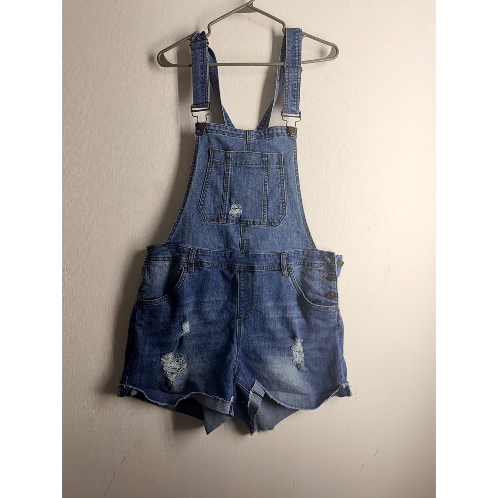 Refuge Womens Distressed Denim Shortalls Medium Wash Jean Overalls Size 18